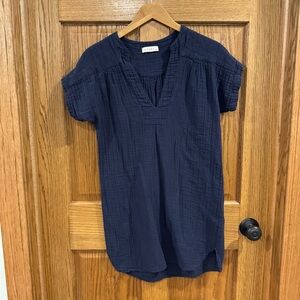 Stark X Navy Linen Gauze Tunic Mini Dress V-Neck Made in USA XS